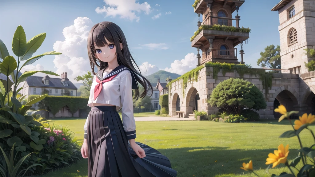 (masterpiece), town, blue sky, One Girl, smile, alone, Sailor suit、Long skirt, Overgrown, petal, plant、Skirt lining、Translucent slip、Nostalgic