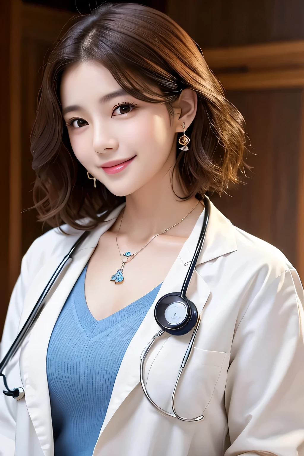 Beautiful young woman、 Korean women、Brown Hair、Necklace around the neck、White、Closed Mouth Smile、Big Breasts、Doctor's clothing、Stethoscope、Wavy Hair、short hair、Intricate details, Very detailed:1.2), 、 Looking into the camera,The background is the inspection room..、ear piercing