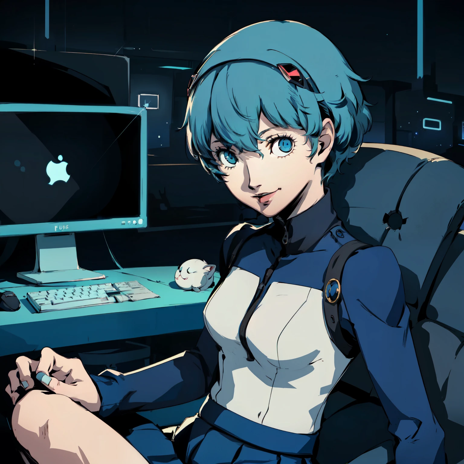 ((P3 Yamagishi Fuuka)),masterpiece, ((best quality)),((1 girl)), blue eyes, light aqua hair, female , tomboy Pixie haircut, deep blue suit,smiling,hacker,in the,dark room,sitting,looking monitor,long skirt,cute
