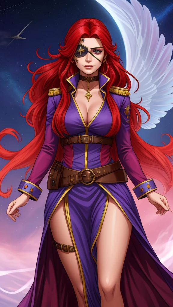 Imagine a dynamic portrait of Captain Alexandra Nelly, a fearless sky pirate hunter with a vibrant and complex background. She stands confidently, embodying both her human and mystical air spirit heritage. Her bright red hair, infused with streaks of purple, flows freely, symbolizing her wild spirit and connection to the sky. Her facial expression is determined and fierce, marked by a significant slash across one side of her face, a remnant of a pirate attack. This injury has left her with a unique eye that glows with a soft blue magic, a direct link to her air spirit mother. Though she often covers this magical eye with an eye patch, for this portrait, we see the glow peeking out, hinting at her ability to see magic directly. She's dressed in attire befitting her role as a captain who hunts pirates and frees slaves, blending practicality with the flair of high adventure. Her outfit is a mix of rugged leather and flowing fabrics, suggesting both her toughness and her connection to the air. Around her, the hint of a magical, ethereal ship suggests her quest to find her father and the living ship named after her mother, highlighting her deep personal stakes in her adventures across the sky islands full body shot