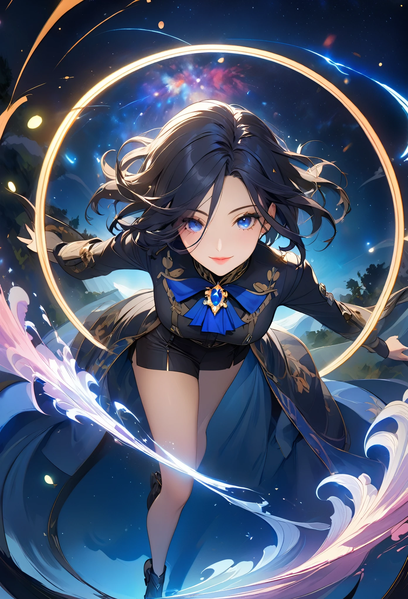 8K resolution, masterpiece, Highest quality, Award-winning works, unrealistic, From above, sole sexy lady, Genshin Impact: clorinde, healthy shaped body, 18 years old, 158cm tall, huge firm bouncing busts,, black short hair, Break, Mysterious blue eyes, Standard nose, Eyeliner, pink lips, sexy long legs, Clear skin, Genshin Impact clorinde's costume, royal coat of arms, elegant, Very detailed, Digital Painting, artステーション, コンセプトart, Smooth, Sharp focus, shape, artジャム、Greg Rutkowski、Alphonse Mucha、William Adolphe Bouguereau、art:Stephanie Law , Royal Jewel, nature, Symmetric, Greg Rutkowski, Charlie Bowwater, Unreal 5, Surreal, Dynamic Lighting, ファンタジーart, Complex colors, Colorful magic circle, flash, dynamic sexy poses, A kind smile, Mysterious Background, Aura, A gentle gaze, BREAK, Small faint lights and flying fireflies, night, lanthanum, 山の頂From above下界を見下ろす, Starry Sky, milky way, nebula, shooting star