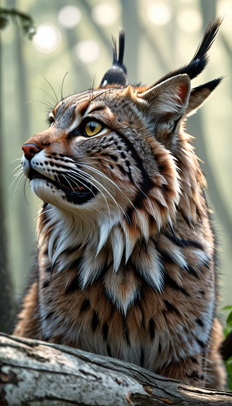 There is a beast in the forest，Long hair on the head，Looks like a bobcat，Mysterious Creatures, shrike, (best quality，4K，8K，High level，masterpiece：1.2），Ultra Detailed，（lifelike，Photo real，Photo real：1.37），Highly detailed animals，Complex patterns，Realistic lighting，Fantasy Creatures