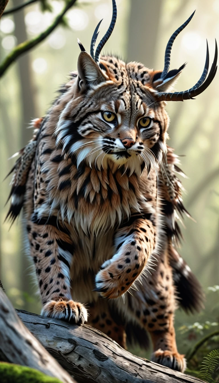 There is a beast in the forest，Long hair on the head，Looks like a bobcat，Mysterious Creatures, shrike, (best quality，4K，8K，High level，masterpiece：1.2），Ultra Detailed，（lifelike，Photo real，Photo real：1.37），Highly detailed animals，Complex patterns，Realistic lighting，Fantasy Creatures