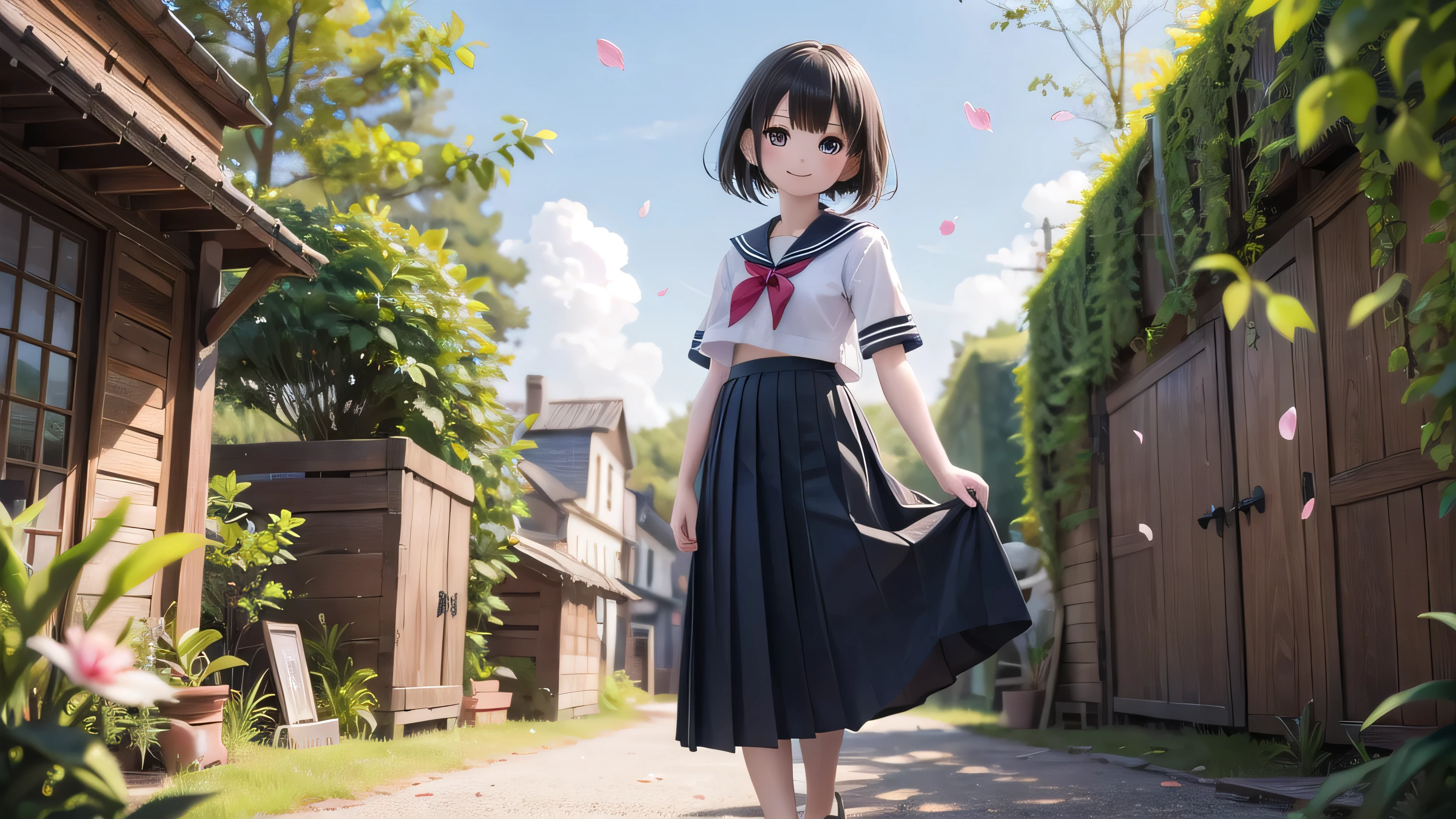 (masterpiece), town, blue sky, One Girl, smile, alone, Sailor suit、Long skirt, Overgrown, petal, plant、Skirt lining、Translucent slip、Nostalgic