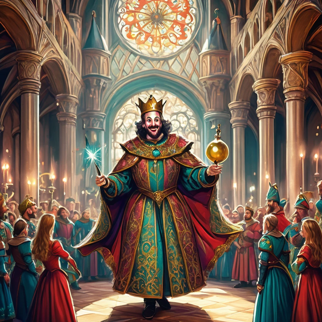 Imagine a medieval jester performing in the grand hall of a royal court, filled with opulent decorations and noble spectators. The jester, dressed in a brightly colored outfit adorned with bells and intricate patterns, moves with nimble grace, juggling enchanted orbs that glow with magical light. His face is painted in a cheerful yet mischievous expression, and his eyes twinkle with clever wit and hidden knowledge. The hall itself is adorned with rich tapestries depicting heroic tales and grand feasts, and the air is filled with the sounds of laughter and music. The king and queen sit on their thrones, their faces lit with amusement, as courtiers and knights watch the performance. Capture the lively and enchanting atmosphere of this medieval fantasy royal court, where the jester's antics bring joy and a touch of magic to the noble gathering.