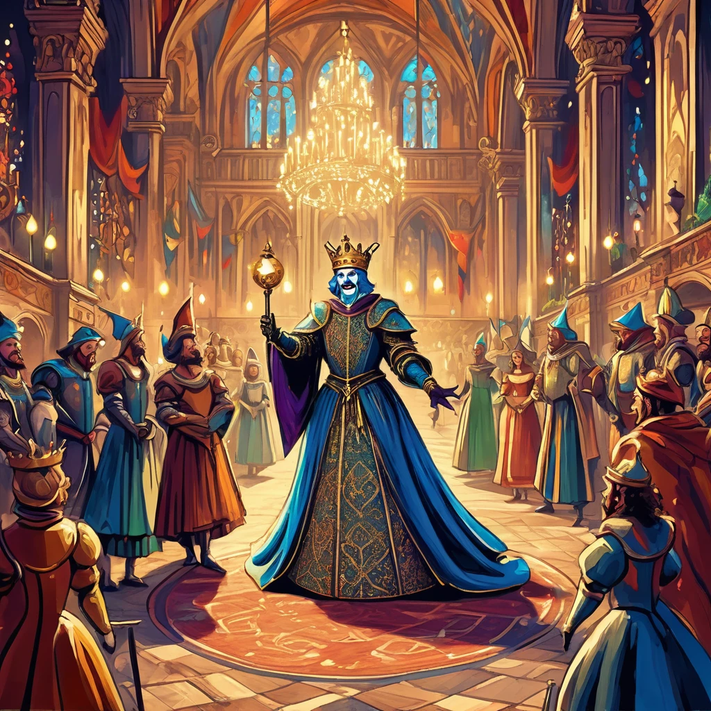 Imagine a medieval jester performing in the grand hall of a royal court, filled with opulent decorations and noble spectators. The jester, dressed in a brightly colored outfit adorned with bells and intricate patterns, moves with nimble grace, juggling enchanted orbs that glow with magical light. His face is painted in a cheerful yet mischievous expression, and his eyes twinkle with clever wit and hidden knowledge. The hall itself is adorned with rich tapestries depicting heroic tales and grand feasts, and the air is filled with the sounds of laughter and music. The king and queen sit on their thrones, their faces lit with amusement, as courtiers and knights watch the performance. Capture the lively and enchanting atmosphere of this medieval fantasy royal court, where the jester's antics bring joy and a touch of magic to the noble gathering.