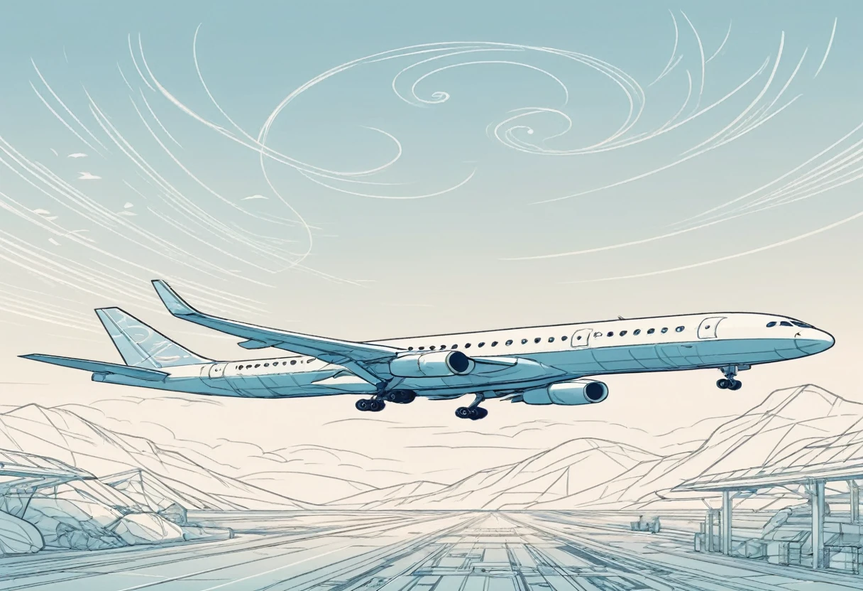 Airplane take-off scene,Vector Art, To flatten, Smooth line art, Minimalism, Graphic design aesthetics, Flat illustration, (masterpiece, best quality, Perfect composition, very aesthetic, absurd, Extremely detailed, Intricate details, professional, Official Art, representative work:1.3)