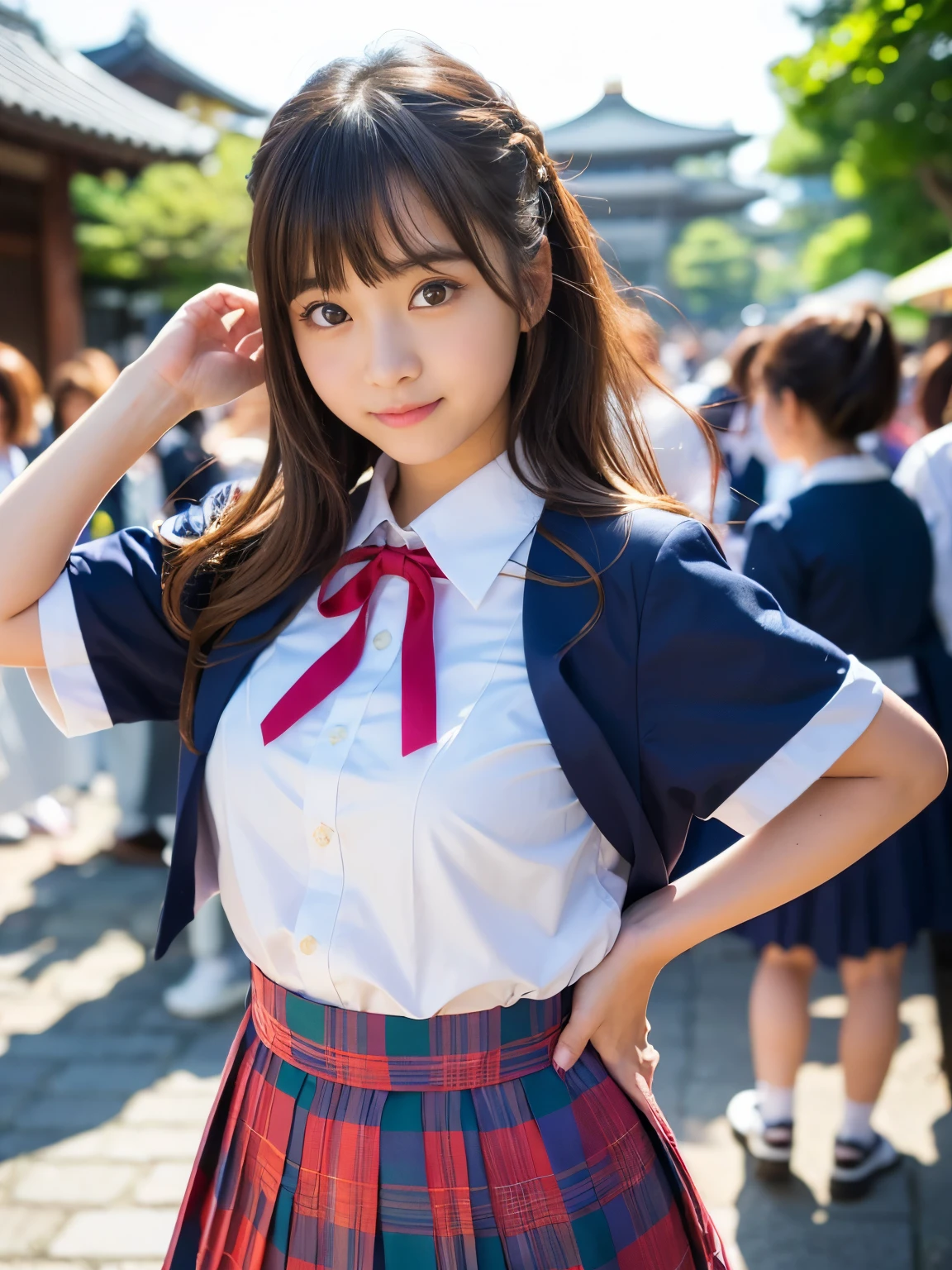 (Best-quality, Masterpiece, Ultra-High-Resolution, (Photorealistic:1.4), Raw Photo, depth of field, professional lighting, perfect anatomy, extremely details), 1girl, 15-years-old, the most famous Japanese idol, cowboy shot, (((wearing Japanese high-school uniform with summer-design))), (((having fun in Kyoto-City))), ((extremely cute face, ((extremely cute and extremely big eyes)), extremely beautiful hair, extremely beautiful skins)), extremely childish body, extremely beautiful thighs, looking at viewer, (detailed Kyoto-City)