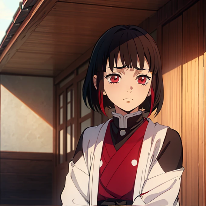 Kimetsu no yaiba style best quality 0.8,beautiful Dark hair.  short hair (short above the shoulders) . Young woman with detailed red eyes (red eyes) dull and sad detailed. droopy eyes. warm face, his face has dirt, foreground. katana. (Alone) (in a training camp) (wooden katana) (sunny day) foreground (detailed face) (Women) (famale) embarrassed face, slightly blushing, shy (Shy attitude) trying to hide their face out of embarrassment (trying to cover his face with his forearm out of embarrassment, looking to the side embarrassed 