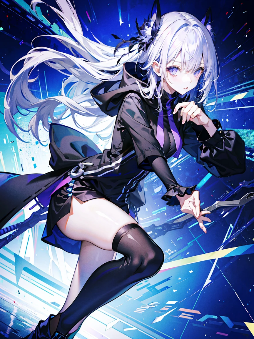 (Fine and beautiful eyes)、long hair，Long, blue-gray hair，Two moles under the eyes，Beautiful purple eyes，Detailed eyes，Detailed face，Large breasts，Black Hoodie、Thin legs，Long black boots、High resolution eyes、Jewel-like eyes、Straight Hair、Minimally revealing clothing、Short, oversized black shorts、Extreme Detail、High resolution、Shining Eyes