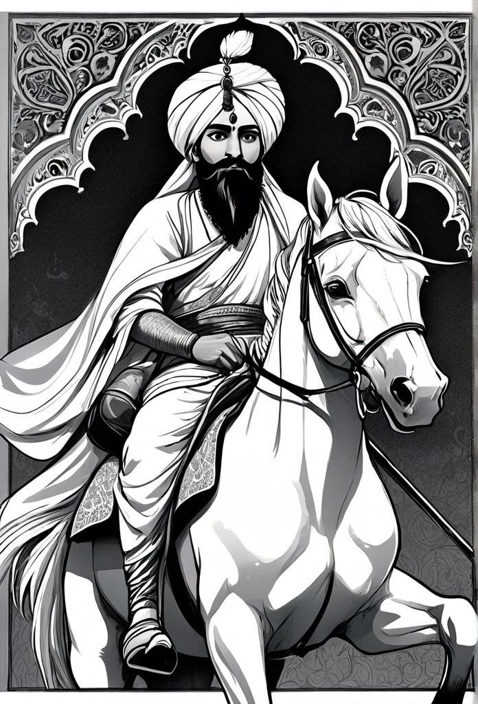 A 30 year old man wearing a white Indian Gujarati turban has a large mustache on his face, a spear in his hand, and is sitting on a white horse ,with a cloth tied to stop the so much bleeding from his stomach ,the color of blood is stuck on his clothes which is visible from red color he tries to kill 8 people around him with a spear the people around him have guns in their hands, 8 men who are muslims .(b&w, black and white:1.2) monochrome pencil art, Unpainted, high contrast, line art, (sketch), simple flat 2D drawing, 
simple [white|paper] background,
(masterpiece), best quality, detailed, intricate details,
