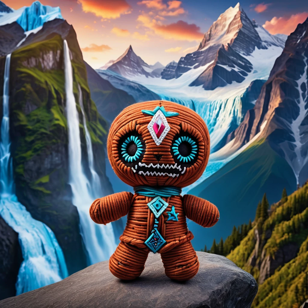 (knitted toy voodoo doll:1.6), (Voodoo Guardian of the Mountains:1.3), (Clothing mountain robe with stones and crystals:1.0), (in the background majestic mountains with glaciers and waterfalls:1.3), best quality, masterpiece, detailed soft oil painting, detailed background, dramatic cinematic lighting, soft edge lighting, professional, dramatic lighting, hard edge lighting, ultra quality, 4k, masterpiece, best quality, 8k, ultra high definition, high resolution, extremely detailed