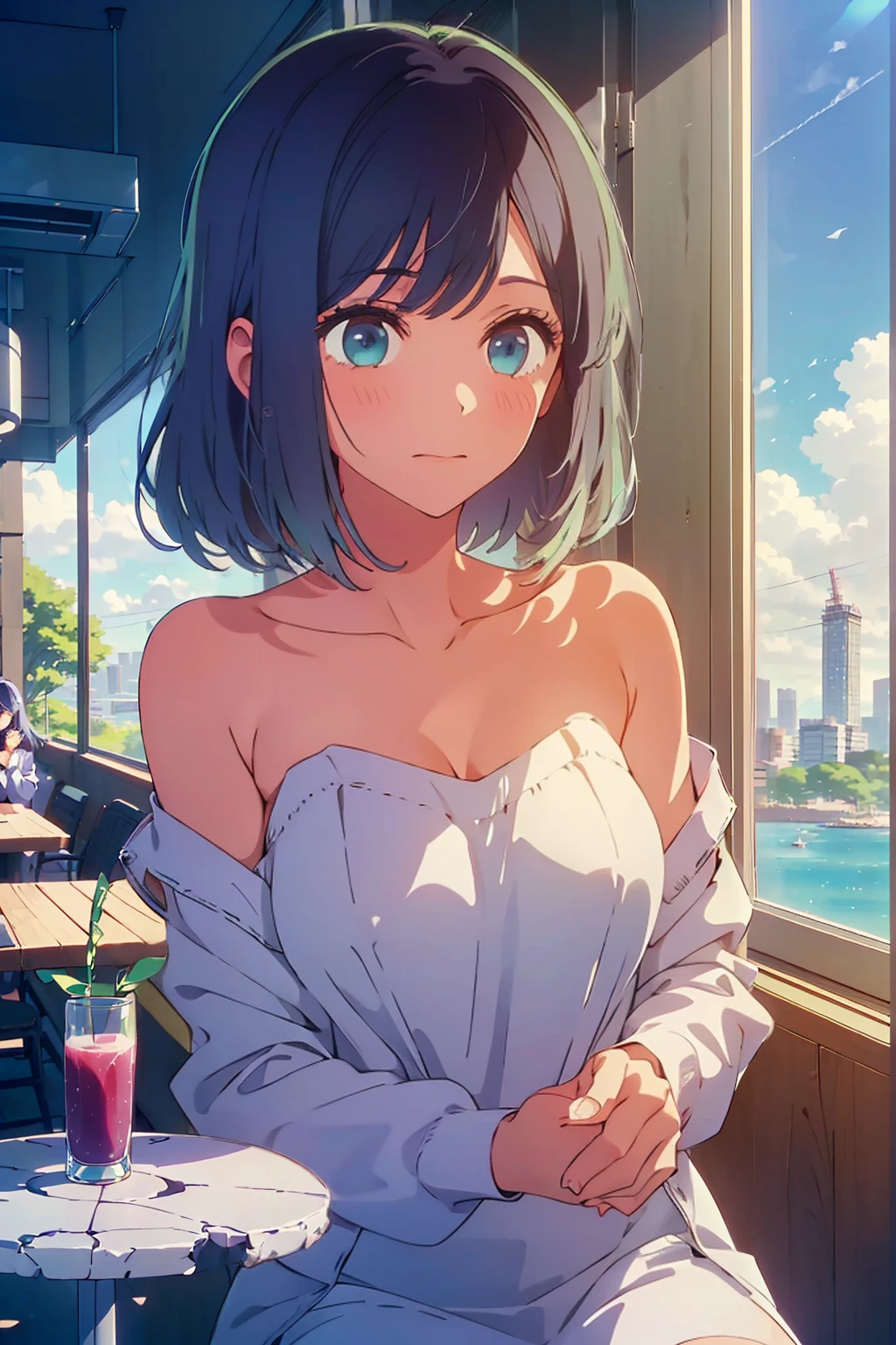 (Highest quality:1.4、8K:1.4、detailed)、F cup bust、Big Breasts、Slim body、Very white beautiful skin、((((1 person、smile、Surprised expression、sit、Chair、In the background are the urban buildings of Tokyo、looking at the camera、Indoor cafe terrace、Navy hair color、juice、Shooting up close、table、Very cute face))))、(((nude、Areola)))、Very blue sky、A completely cloudless sky、Off-the-shoulder zip-up jacket、(Hands tuck hair behind ears:1.4)