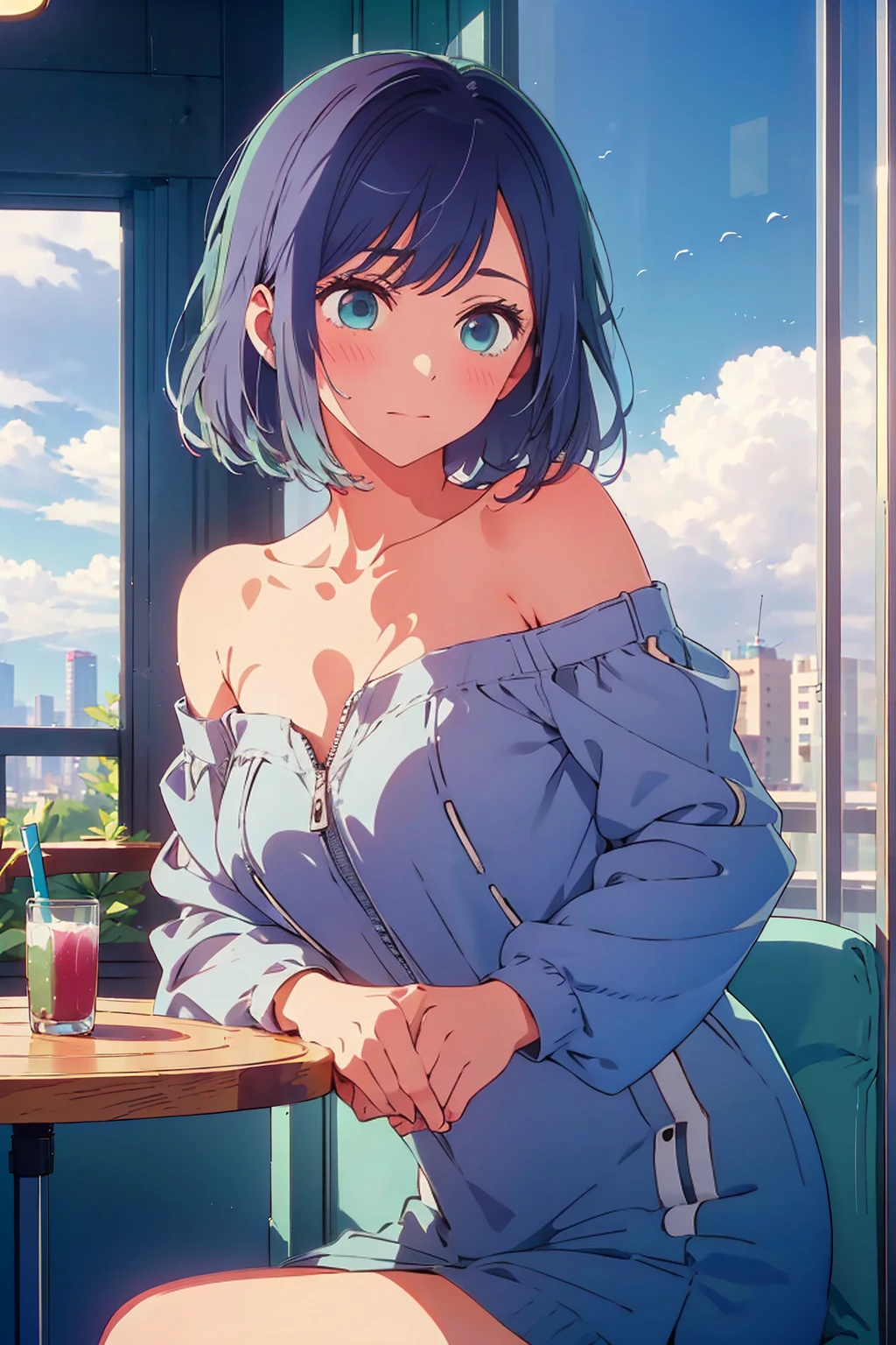 (Highest quality:1.4、8K:1.4、detailed)、F cup bust、Big Breasts、Slim body、Very white beautiful skin、((((1 person、smile、Surprised expression、sit、Chair、In the background are the urban buildings of Tokyo、looking at the camera、Indoor cafe terrace、Navy hair color、juice、Shooting up close、table、Very cute face))))、(((nude、Areola)))、Very blue sky、A completely cloudless sky、Off-the-shoulder zip-up jacket、(Hands tuck hair behind ears:1.4)