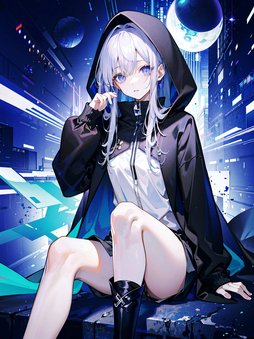(Fine and beautiful eyes)、long hair，Long, blue-gray hair，Two moleole under the eye，Beautiful purple eyes，Detailed eyes，Detailed face，Large breasts，Black Hoodie、A hoodie that covers your chest、Thin legs，Long black boots、High resolution eyes、Jewel-like eyes、Straight Hair、Minimally revealing clothing、Short, oversized black shorts、Shorts that cover the knees，Extreme Detail、High resolution、Shining Eyes