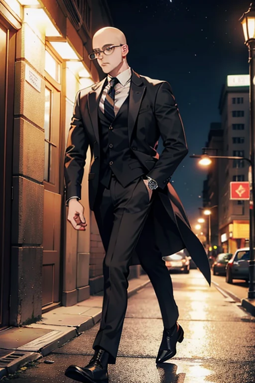 high resolution,Baldhead,male,Red pupil,Glasses,Wear a watch on your left hand,Exposes chest muscles,Tattoo,suit,Black ankle boots,walk,night