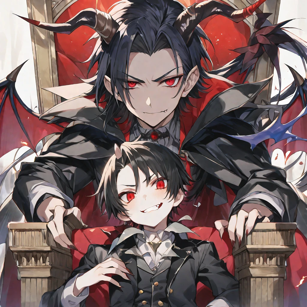 solo,handsome, a watercolor painting,
One man, Gojo Satoru,
bangs, straight hair, ponytail, bobbed hair, black hair,
Red eyes, Odd Eye, Devil, Vampire, Devil's Horn, Devil's Feather, Tusk,
a black coat, a prince,
Throne, blood,
