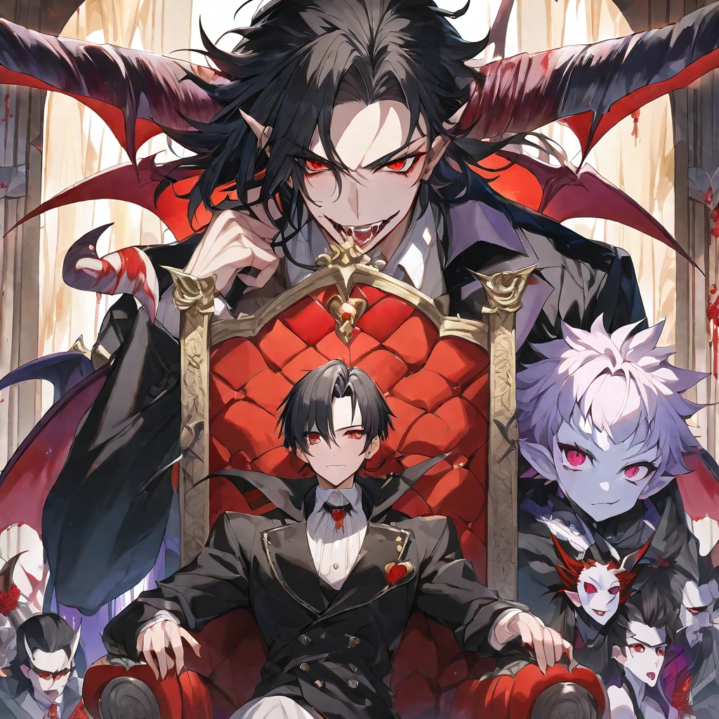 solo,handsome, a watercolor ,
1.male,
Gojo Satoru,
bangs, straight hair, ponytail, bobbed hair, black hair,
Red eyes, Odd Eye, Devil, Vampire, Devil's Horn, Devil's Feather, Tusk,
a black coat,
Throne, blood,