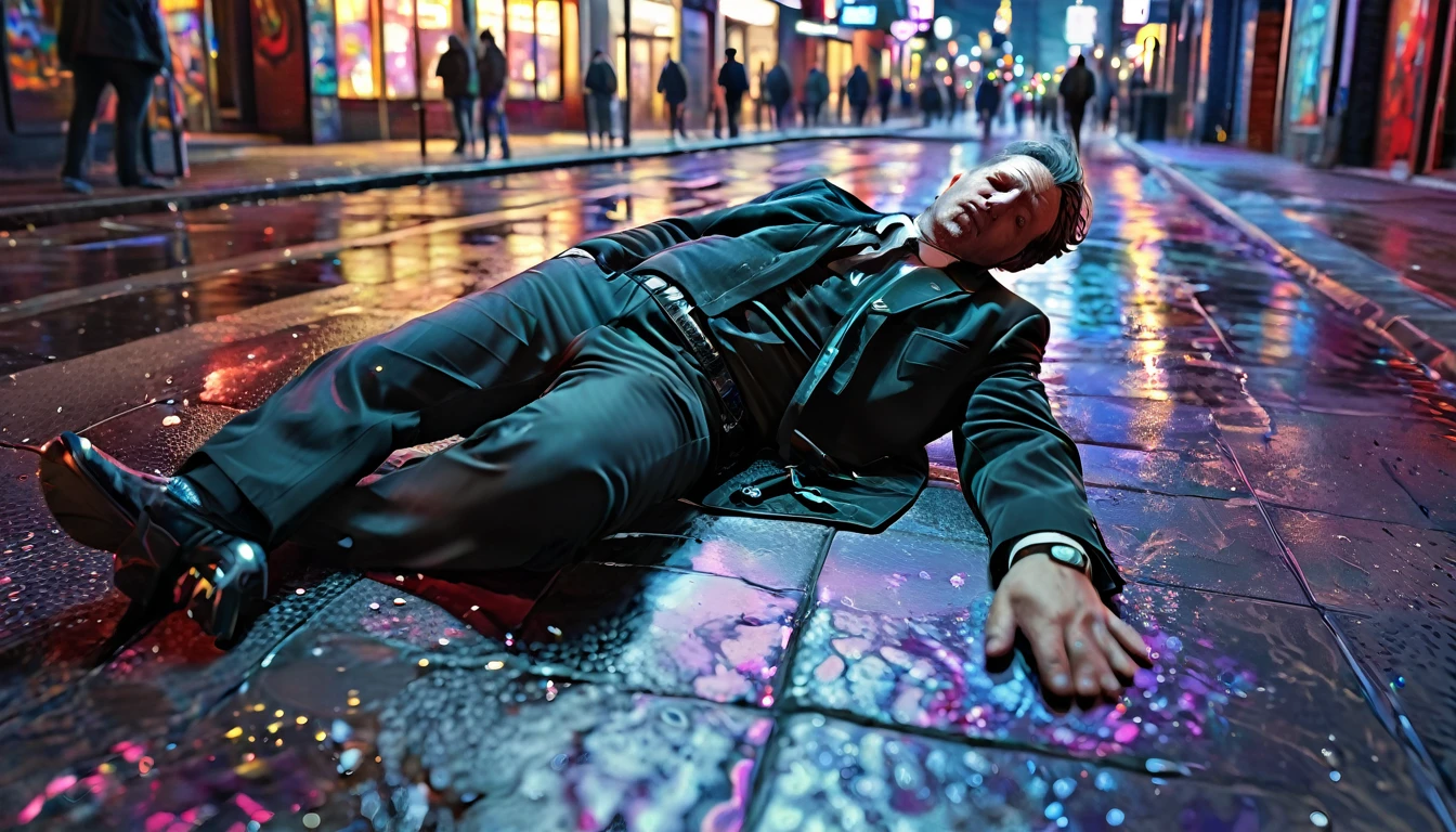 Middle-aged man slumped on the ground in the city after being kicked out of an exclusive club, Full body, Wide angle, 4K (man) High resolution, Sharp focus, (Super detailed, Very detailed), (Photorealistic artwork: 1.37), (Highly detailed CG Unity 8k wallpaper), ((Vibrant colors, Vivid theme))), (Intricate), (Masterpiece), (Top quality), Art photography, (Photo by sldr), (Intricate background), Perfectly rendered face, Perfect facial details, Realistic face, Photorealistic, ((Intricate details)), ((Realism))), Full body, Wide field of view,