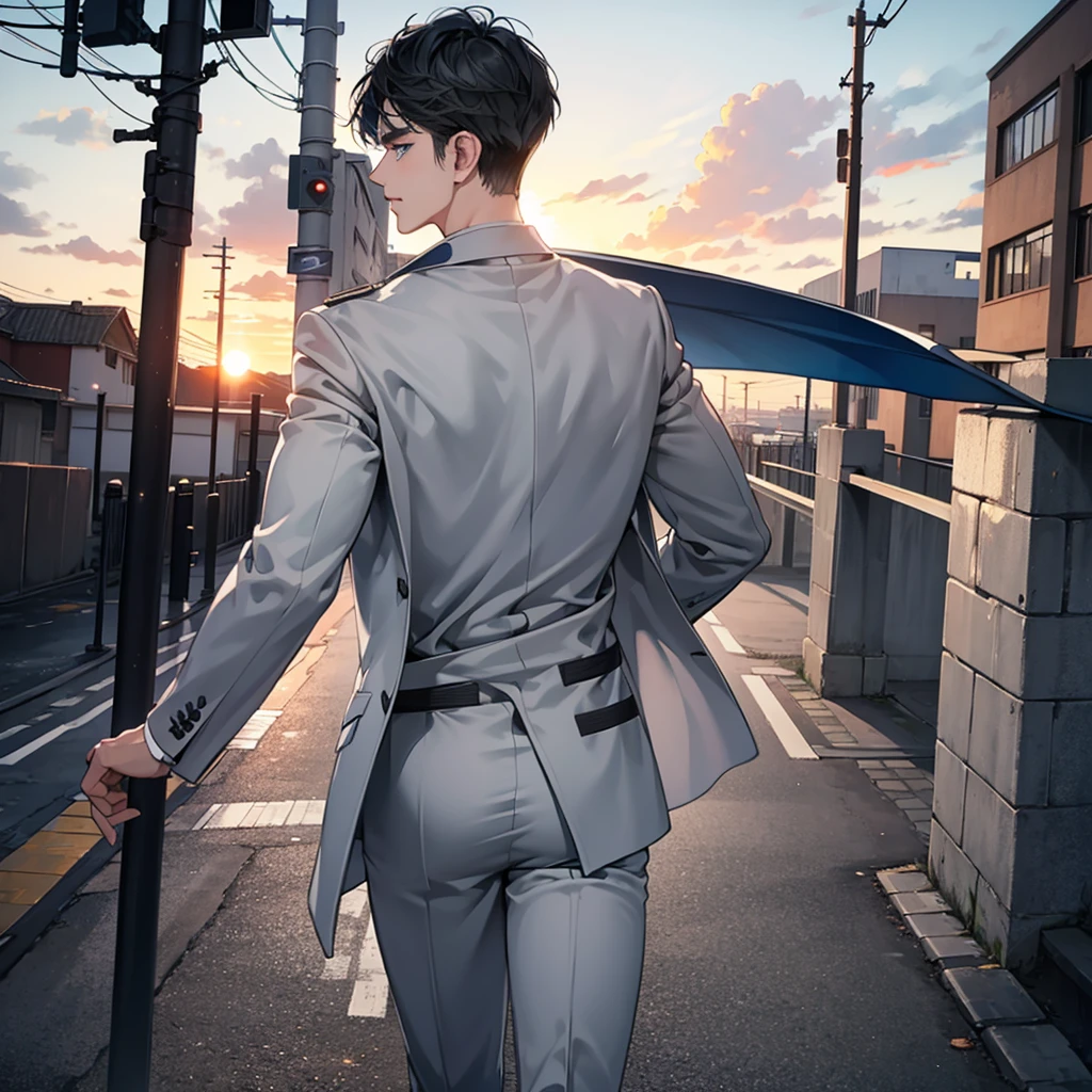 1boy, short black hair, light blue eyes, wearing all grey suits, street, sunset, high res, ultrasharp, 8k, masterpiece, looking at viewer from behind
