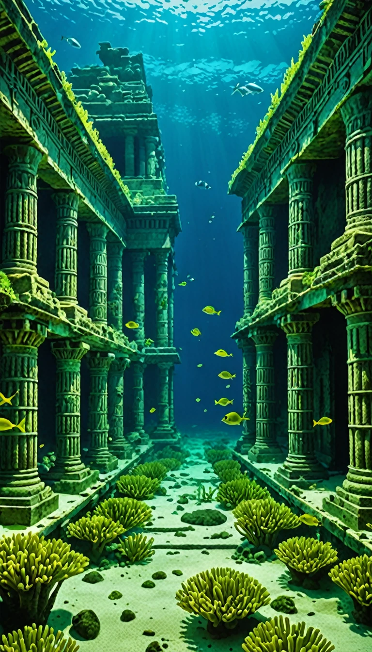 The Lost City of Atlantis, Underwater photography, algae, Caustics, Ancient underwater temples damaged by time and erosion,