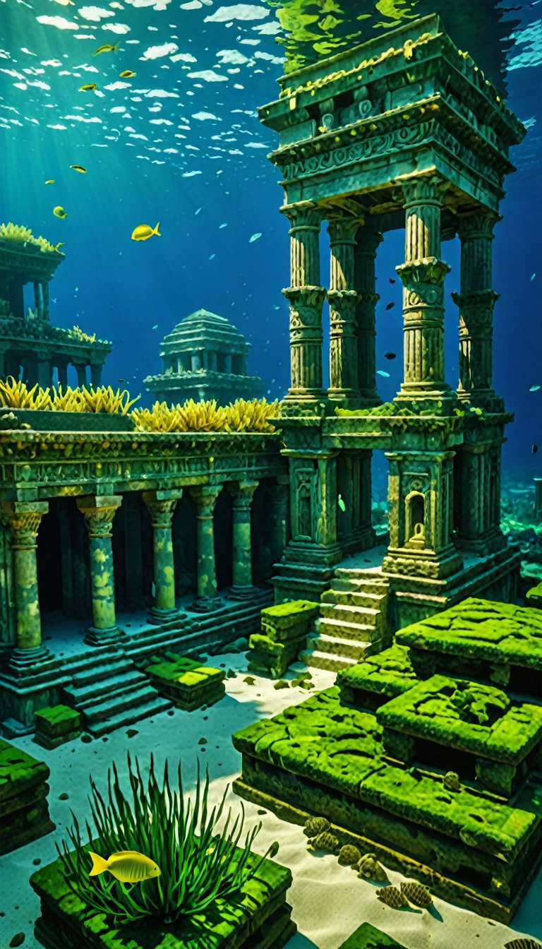 The Lost City of Atlantis, Underwater photography, algae, Caustics, Ancient underwater temples damaged by time and erosion,