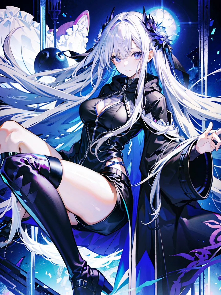 (Fine and beautiful eyes)、long hair,Long, blue-gray hair,Two moles under the eyes,Beautiful purple eyes,Detailed eyes,Detailed face,Large breasts,Black Hoodie、Thin legs,Long black boots、High resolution eyes、Jewel-like eyes、Straight Hair、Minimally revealing clothing、Short, oversized black shorts、Extreme Detail、High resolution、Shining Eyes、Smiling