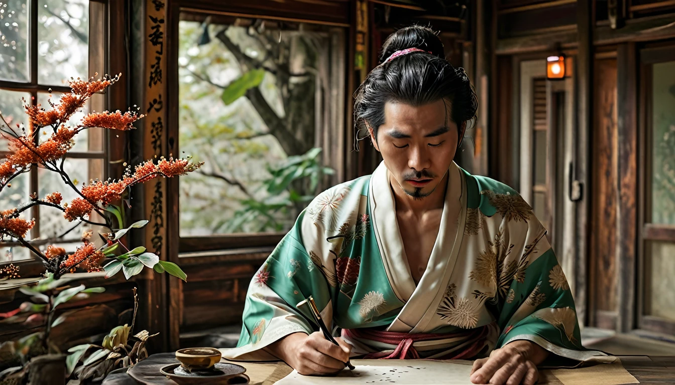 The location is a small study in the Meiji era in Japan. A middle-aged man in a tattered kimono writing on paper with a brush, view from behind, full body, wide angle, 4K (man) high resolution, sharp focus, (ultra detailed, highly detailed), (photorealistic artwork: 1.37), (highly detailed CG Unity 8k wallpaper), (((vibrant colors, vibrant theme))), (intricate), (masterpiece), (best quality), art photography, (photo by sldr), (intricate background), perfectly rendered face, perfect facial details, realistic face, photorealistic, ((intricate details)), (((realism))), full body, wide field of view,