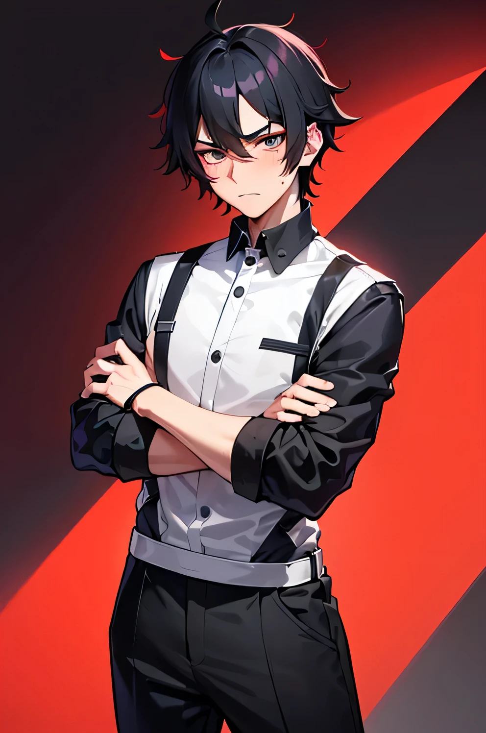 1man, 25-year-old, tsundere, jet-black hair that goes down to his ears, piercing gray eyes, eyebrows furrowed in disapproval, blushing slightly, eyes looking to the side, arms crossed, body is slender and is wearing a modern bakers uniform