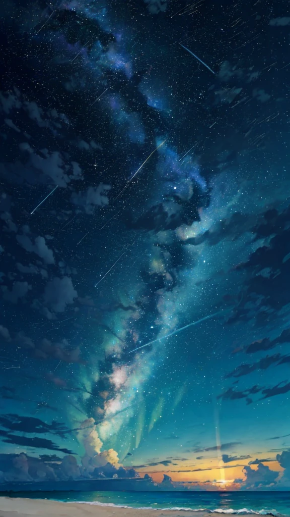 (zoom:1.1), (meteor shower:1.2), (comet:1.1), low angle, arora borealis, shooting star, top quality, masterpiece, clouds, colorful, southeast Asian beach, summer, seascape, small islands