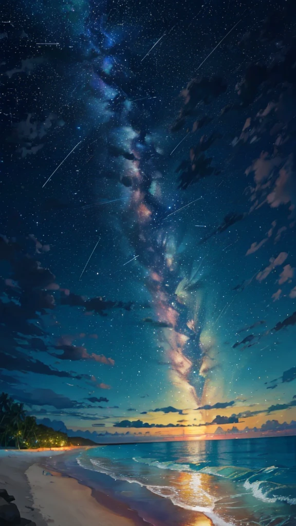 (zoom:1.1), (meteor shower:1.2), (comet:1.1), low angle, arora borealis, shooting star, top quality, masterpiece, clouds, colorful, southeast Asian beach, summer, seascape, small islands
