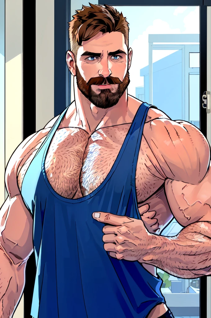 1 male, male focus, beard,muscular male,  short hair, pushed back hair style, mature male, (blue tank top:1.3), pectoral cleavage, mustache, brown hair, hand on chest, indoors, blue eyes, chest hair, covered abs, upper body,  window, door,white briefs