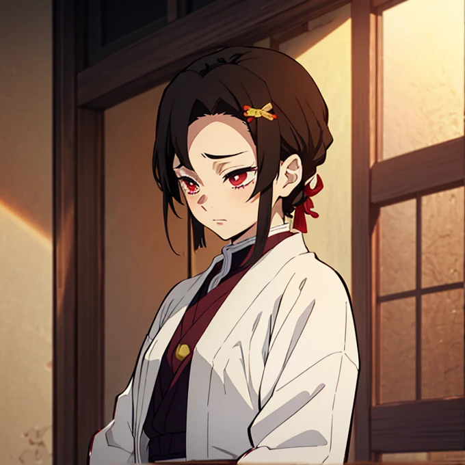 Kimetsu no yaiba style best quality 0.8,beautiful Dark hair. short hair (short above the shoulders) . Young woman with detailed red eyes (red eyes) dull and sad detailed. droopy eyes. warm face, his face has dirt, foreground. katana. (Alone) (in a training camp) (wooden katana) (sunny day) foreground (detailed face) (Women) (famale) embarrassed face, slightly blushing, shy (Shy attitude) trying to hide their face out of embarrassment (trying to cover his face with his forearm out of embarrassment, looking to the side embarrassed