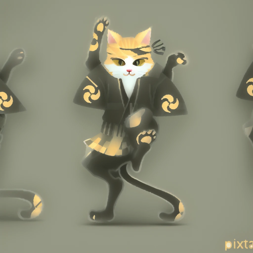 cute cat、Three dancing cats in happi coats, Anthropomorphic cat, Pop illustrations、