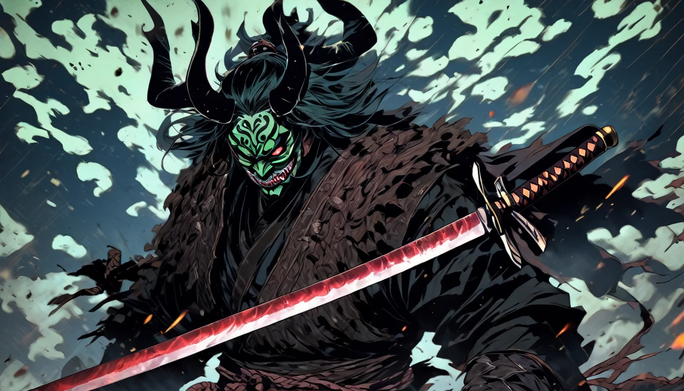 demon mask, sword on the hand,close up, black heavy detailed clothes, hand katana, art, dark and malevolent, hand sword, armor, powerful and intimidating, (masterpiece, best quality, ultra-detailed, best shadow), (detailed background, dark fantasy) dramatic light, intricate details, dark and malevolent, powerful and intimidating, Dark and foreboding, malevolent force, sinister and chilling, armor, high detailed background, girl in demon slayer art, demon slayer art style, epic anime art, God death