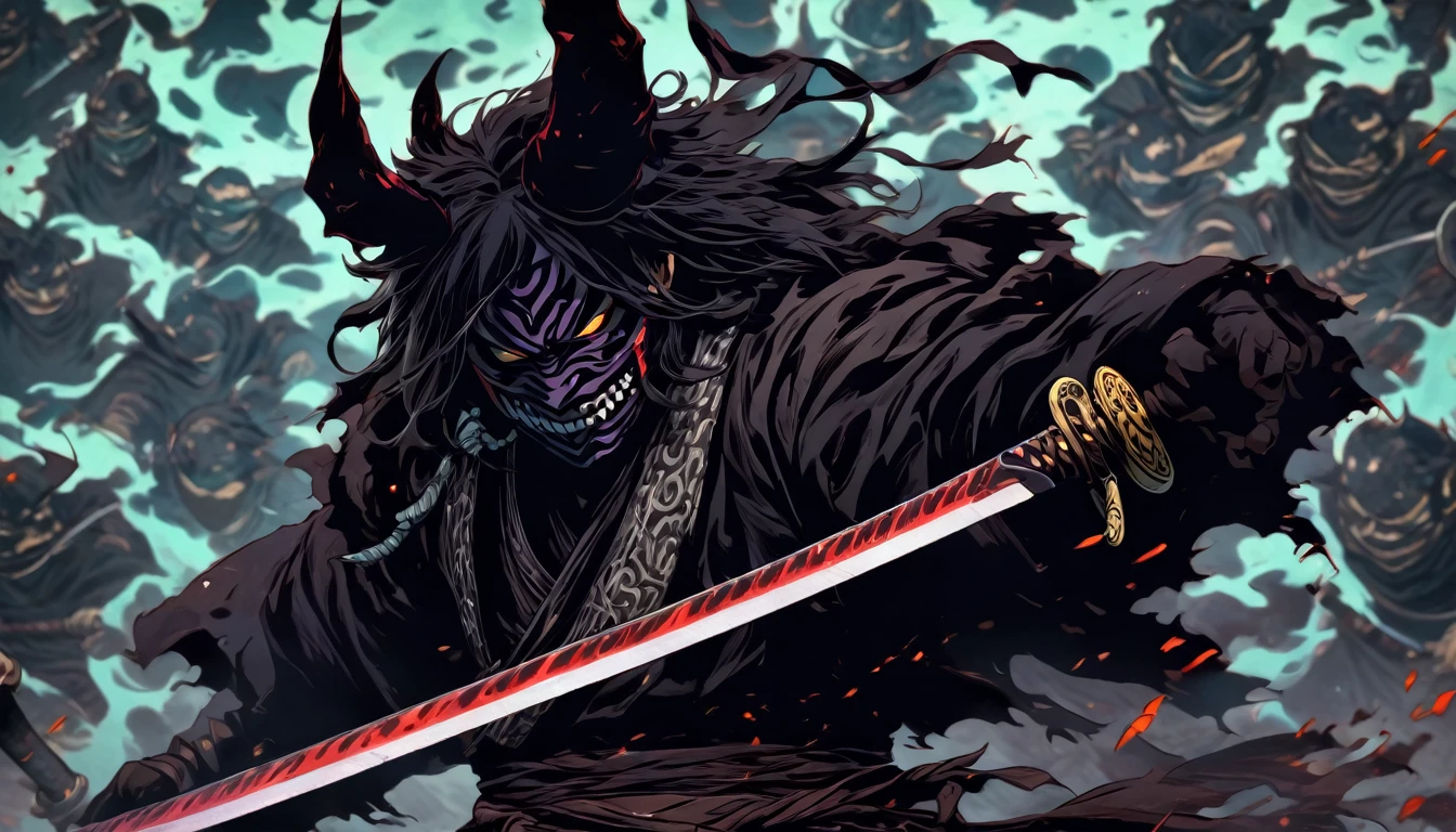 demon mask, sword on the hand,close up, black heavy detailed clothes, hand katana, art, dark and malevolent, hand sword, armor, powerful and intimidating, (masterpiece, best quality, ultra-detailed, best shadow), (detailed background, dark fantasy) dramatic light, intricate details, dark and malevolent, powerful and intimidating, Dark and foreboding, malevolent force, sinister and chilling, armor, high detailed background, girl in demon slayer art, demon slayer art style, epic anime art, God death