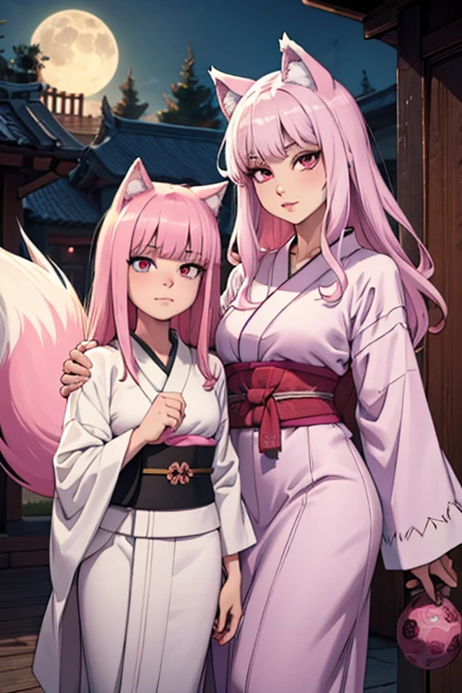 A young pink haired wolf woman with violet eyes and pink wolf ears and a pink wolf tail in a prettty kimono is posing with  a young white haired wolf woman with green eyes and white wolf ears and a white wolf tail in a prettty kimono
