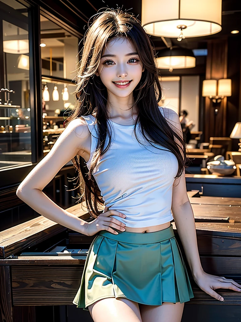 best quality, masterpiece, Ultra-high resolution, (Practical:1.4), 24 years old,1 girl,Ultra-high quality,8K,Thinウエスト,Thin脚,Thin and beautiful arms,Beautiful fingers,Promotional eye makeup,Thin,Medium chest,soft boobs,mini skirt,Long hair,Thinジャケット,Practical,Image Media Chest)),((Toothy Smile)),((A bright smile))