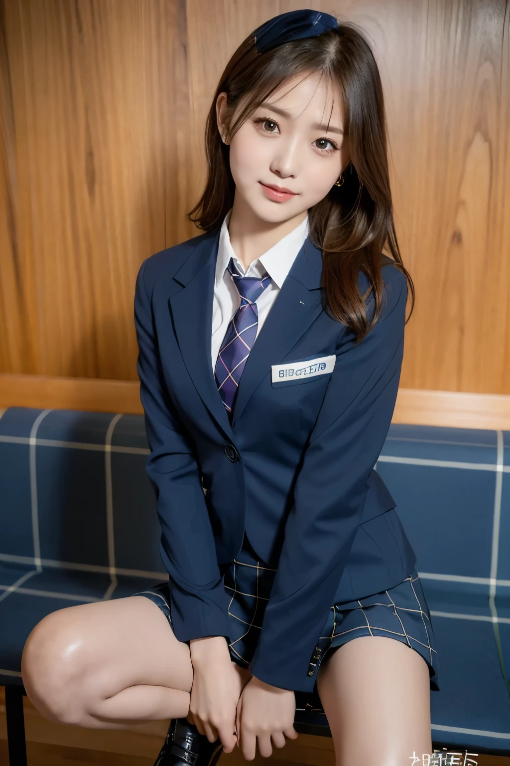 (8k), (highest quality: 1.2), (Realistic), (Realistic: 1.37), Ultra-high resolution, (1 girl), cute, blush,Embarrassed smile, Beautiful details, Beautiful Nose, straight Hair, Giant Dulcefo, pork, Thighs，Self Snap,University Uniforms,(A simple dark blue blazer:1.4),(Pleated skirt:1.2),(The skirt and tie are black tartan check pattern.:1.3),(Sitting:1), Sit on the bench,(Hold my feet:1),(Shiny 太い legs:1.2),from the front,knees