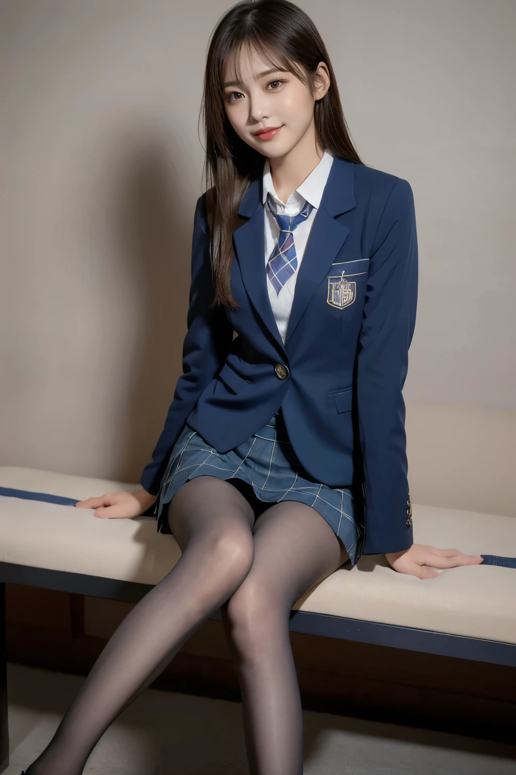 (8k), (highest quality: 1.2), (Realistic), (Realistic: 1.37), Ultra-high resolution, (1 girl), cute, blush,Embarrassed smile, Beautiful details, Beautiful Nose, straight Hair, Giant Dulcefo, pork, Thighs,Self Snap,University Uniforms,(A simple dark blue blazer:1.4),(Pleated skirt:1.2),(The skirt and tie are black tartan check pattern.:1.3),(Sitting:1), Sit on the bench,(Hold my feet:1),(Shiny 太い legs:1.2),from the front,knees