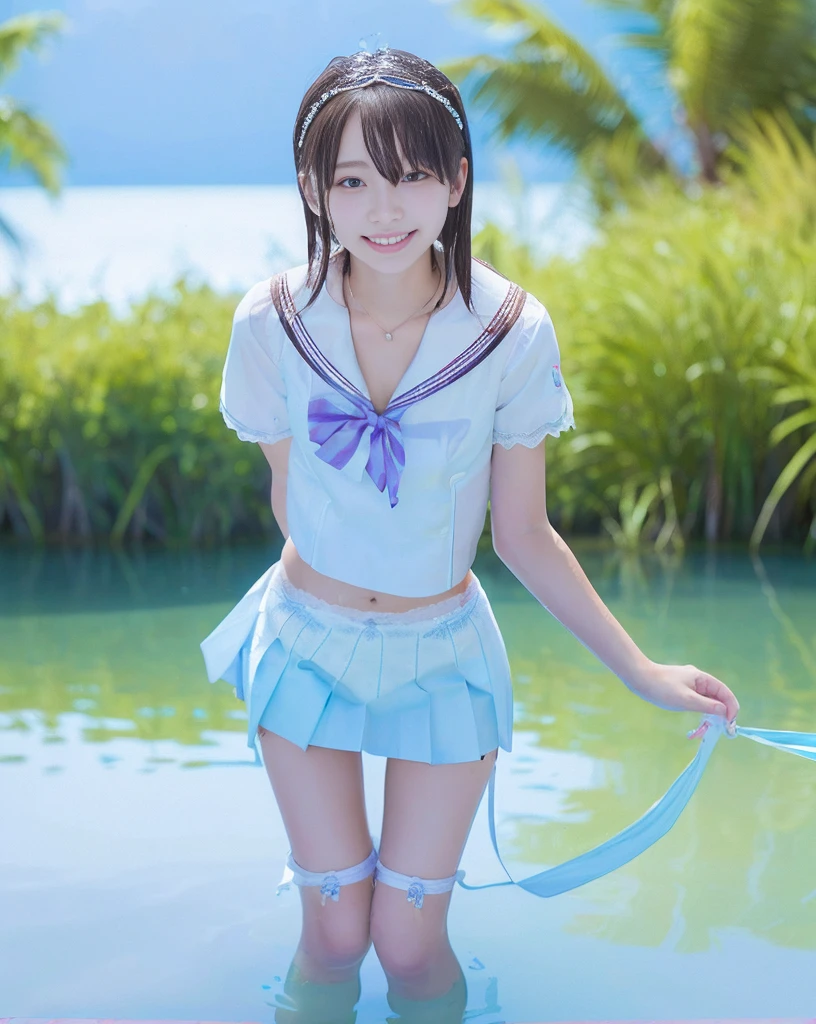 (NFSW)、(High resolution:1.5)、Highest quality,Very detailed,masterpiece,Super detailed,alone,(One 12 year old girl),((Summer School Uniforms:1.5)), Seraphim, ((skirt:1.5)), smile, Thigh fetish images: 1.5、(((barefoot)))、(Her thighs and white bikini reflected in the clear blue water)、(reflected in water:1.5)、((I can see the white string panties:1.5))、(Cleavage)、((Clear blue seawater))、Summer sun、はしゃいだsmile、Beautiful Eyes、(pull-out-panties)、(Panties on knees)、Big necklace and tiara、The water is marine blue、