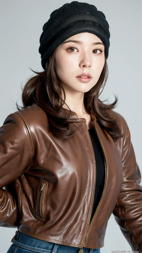 (
(8K:1.27), best quality, masterpiece, ultra highres:1.2) Photo of Pretty Japanese woman
(beautiful:1.1) (sci-fi warrior woman:1.1) space soldier, (beanie:1.61) (leather jacket:1.21),open cleavageintricate elegant, fantasy, detailed, ometric by greg rutkowski and alphonse mucha, gradient lighting