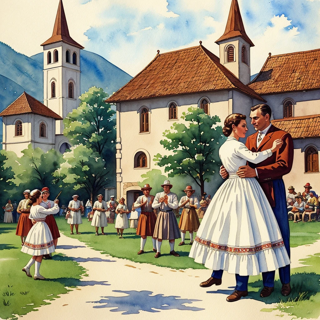 watercolor drawing in Retro-Look, rural saxones village in Transilvania with fortificated church of bazna, man and woman dance, full body shot, in the style of classic Americana, white background, Andrew Loomis style, Masterpiece work of art, 