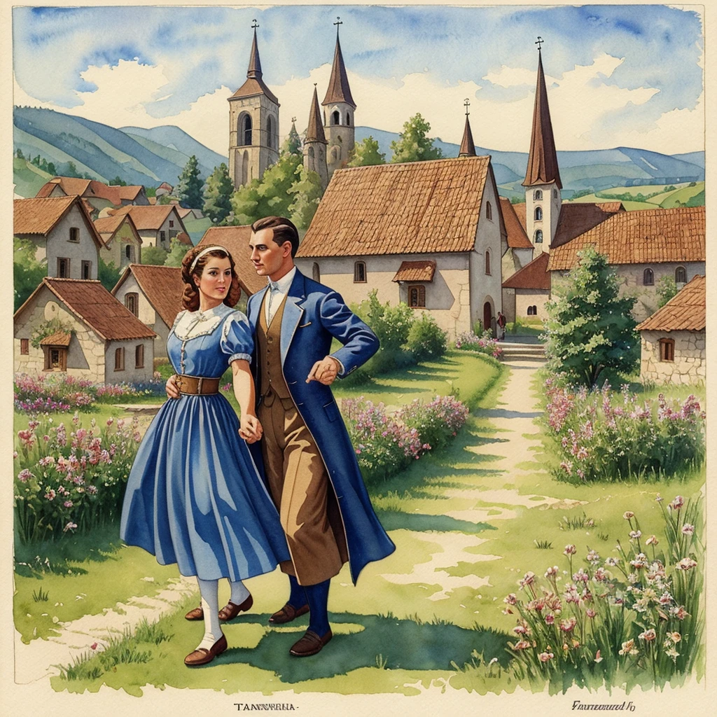 watercolor drawing in Retro-Look, rural saxones village in Transilvania with fortificated church of bazna, man and woman dance, full body shot, in the style of classic Americana, white background, Andrew Loomis style, Masterpiece work of art, 