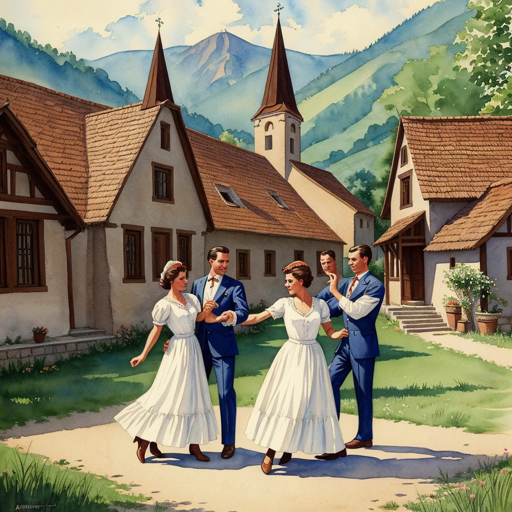 watercolor drawing in Retro-Look, rural saxones village in Transilvania with fortificated church of bazna, man and woman dance, full body shot, in the style of classic Americana, white background, Andrew Loomis style, Masterpiece work of art,