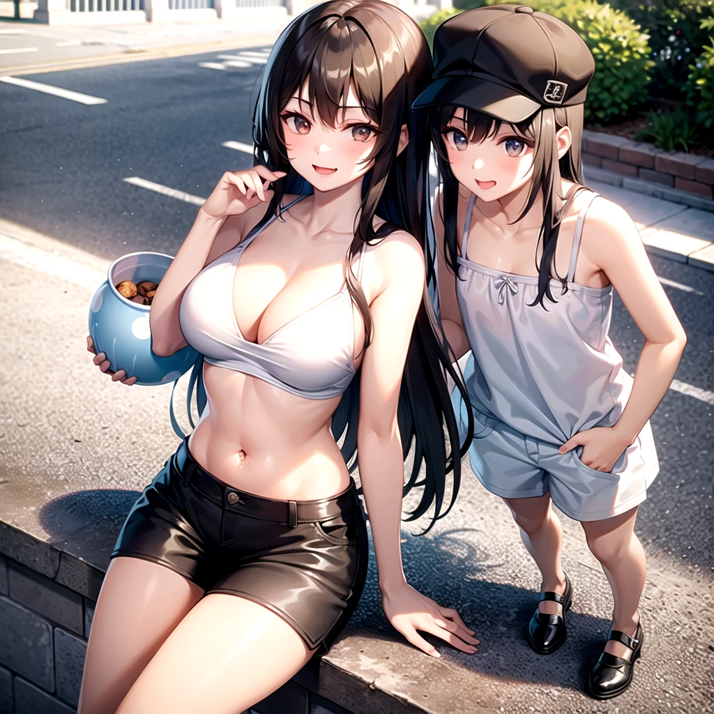 1 girl、Street、bangs、Bare shoulders、黒いhat、Brown eyes、Brown Hair、smile、passionate、hat、Swimwear,long hair、camisole、looking at the camera、shoes、Shorts,solo、Are standing、Belly button piercing?