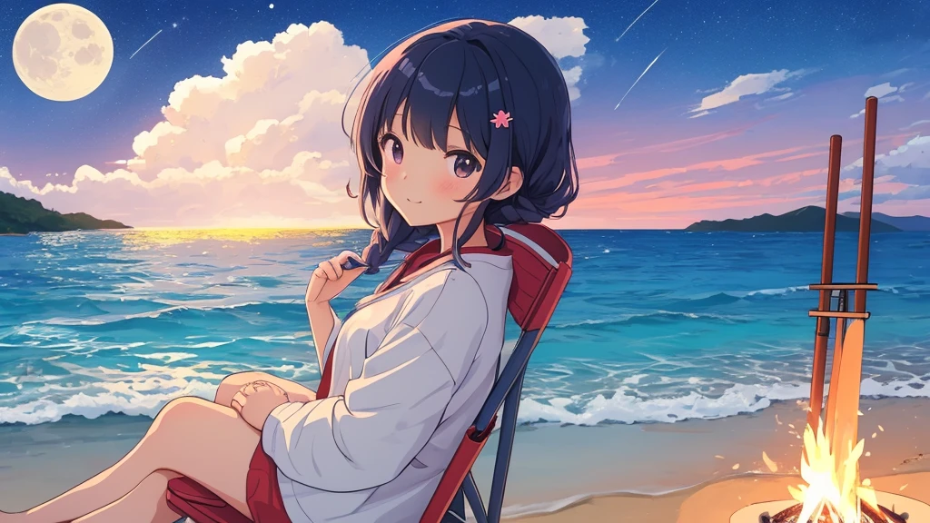 Lo-fi music anime illustration of a girl sitting on the beach at night watching a bonfire。The moon is reflected on the surface of the sea、It creates a calm and quiet atmosphere。The girl is relaxing in a camping chair、A gentle breeze makes me feel like time is passing slowly as my hair flutters.。The only light is from the moon and the bonfire。