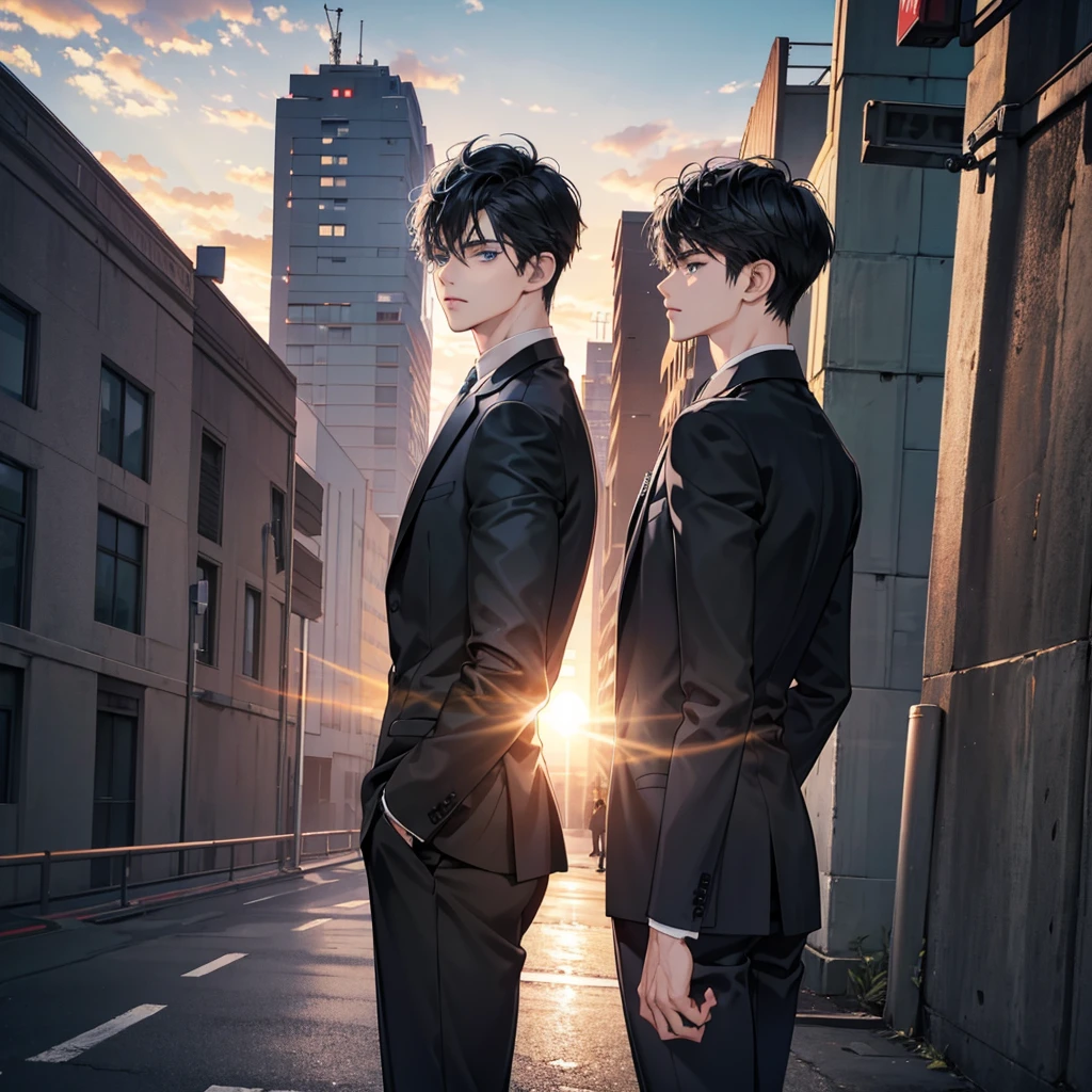 Anime style, 1boy, short black hair, light blue eyes, wearing all black suits, street, sunset, high res, ultrasharp, 8k, masterpiece, looking at viewer from behind