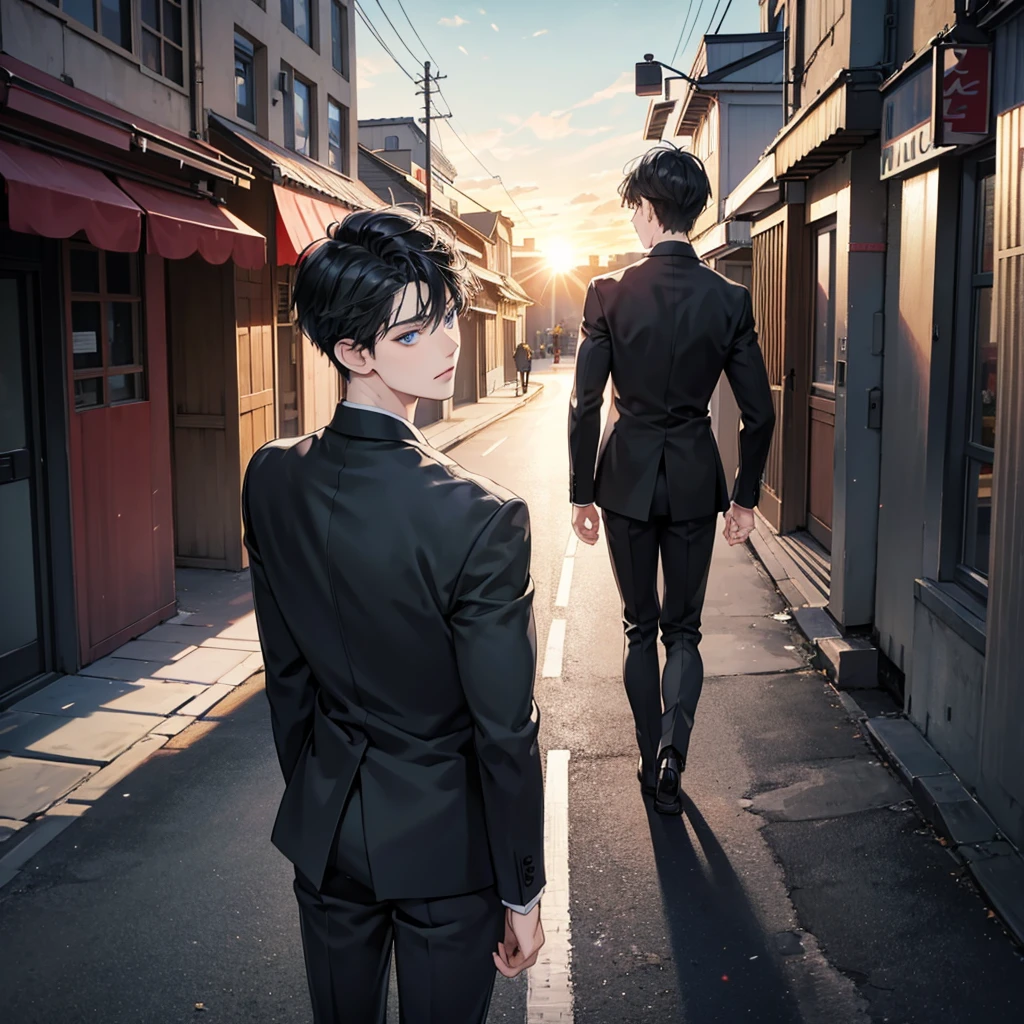 Anime style, 1boy, short black hair, light blue eyes, wearing all black suits, street, sunset, high res, ultrasharp, 8k, masterpiece, looking at viewer from behind