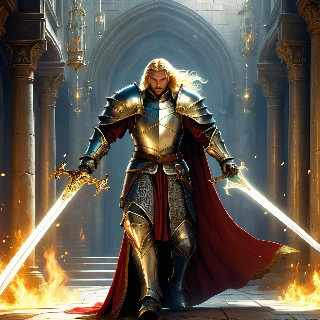 Envision a medieval fantasy king standing proudly in the grand hall of his castle, his blonde hair catching the light of the torches that line the stone walls. Clad in resplendent red armor adorned with gold accents and intricate designs, the king exudes an aura of regality and strength. His armor, finely crafted and battle-worn, speaks of countless victories and unwavering leadership. He holds a magnificent sword, its blade shimmering with enchantments, and the hilt encrusted with precious jewels. The hall is filled with the soft murmur of courtiers and the reverent silence of knights, all paying homage to their sovereign. Banners depicting the kingdom's crest hang from the vaulted ceilings, and the air is thick with the scent of incense and the weight of history. Capture the majesty and commanding presence of this blonde-haired king, a beacon of hope and power in his medieval fantasy realm."